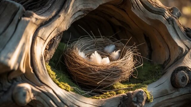 Close-up of a delicate bird's nest made of twigs containing white feathers and eggs resting in a hollowed tree log surrounded by soft green moss illuminated by warm natural light during golden hour