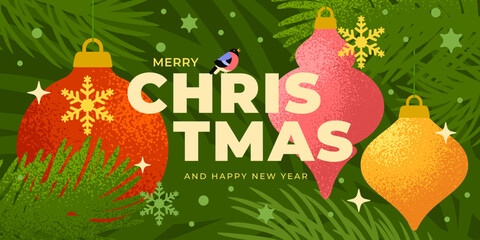 Merry Christmas and Happy New Year greeting banner. Modern minimal Xmas art design with texture, typography, Christmas tree branches, ornaments and snowflakes on green background. Vector Illustration