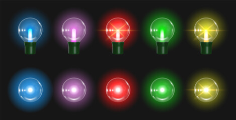 3d colorful glowing light bulbs for Christmas garland lights. Bright multicolored glowing light bulbs with transparent effect, realistic reflections and vibrant illumination. Vector illustration