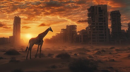 Giraffe in a desolate urban landscape, orange sunset skyline background