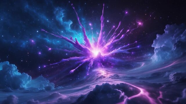 Vibrant cosmic explosion of purple and blue light erupting from clouds in a vast starry space showcasing dynamic celestial movement and glowing nebulae with intricate swirling patterns