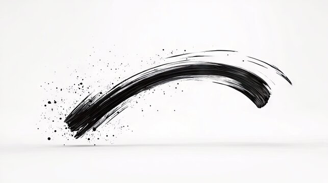 A dynamic black brush stroke curves across a clean white background, with small ink splatters trailing behind it.