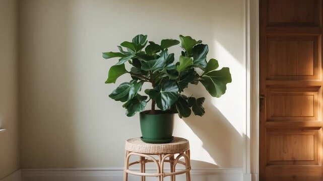 Vibrant green fiddle leaf fig plant in a minimalist room with warm natural light streaming through a window sitting on a rattan stool against a light-colored wall.