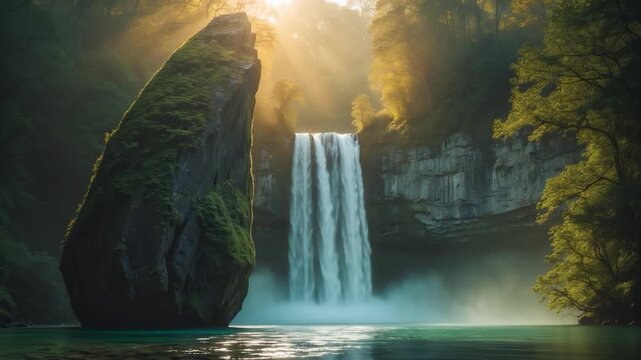 Majestic waterfall cascading down cliffside surrounded by lush green trees and misty water in a tranquil forest setting illuminated by warm sunlight