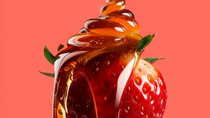 Close-up of fresh strawberry drizzled with golden syrup, showcasing the smooth flow of syrup over the fruit, emphasizing texture and color, camera zooms in for detail