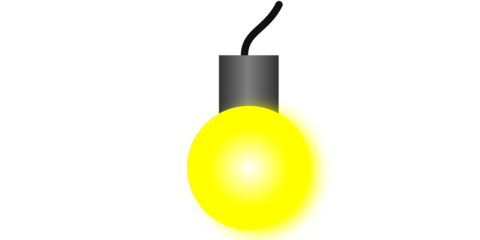A simple glowing yellow light bulb illustration with a grey socket and black wire, isolated on a white background.