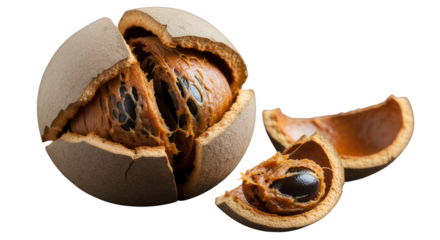 A whole cracked wood apple and broken pieces revealing the inner pulp and seeds of the bel fruit, realistically rendered and isolated on transparent background