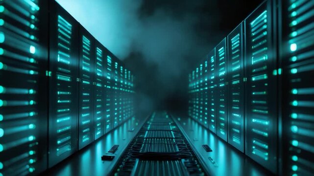 Close-up of glowing server racks with teal lights illuminating a high-tech data center surrounded by smoke showcasing a futuristic environment with sleek metal surfaces