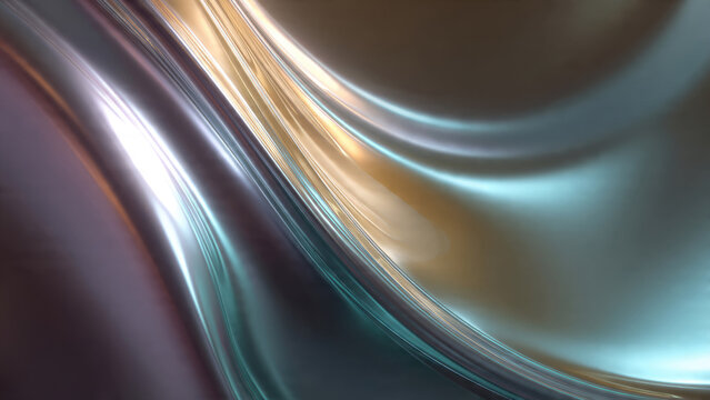 Abstract metallic waves showcasing fluid iridescent reflections in shimmering gold, teal, and silver, creating a dynamic, modern texture background.