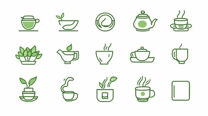 Collection of stylized green line art icons representing tea brewing and herbal infusions