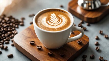 Close-up of a beautifully crafted cup of coffee with intricate latte art surrounded by scattered coffee beans on a textured wooden surface illuminated by soft natural light - Powered by Adobe