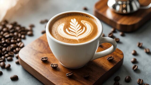 Close-up of a beautifully crafted cup of coffee with intricate latte art surrounded by scattered coffee beans on a textured wooden surface illuminated by soft natural light