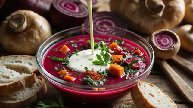 Close-up of vibrant red beetroot soup being poured with cream and garnished with fresh herbs and diced carrots surrounded by mushrooms and slices of bread on a rustic wooden table