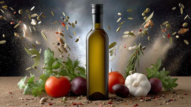 Olive oil bottle surrounded by fresh vegetables and herbs, with spices and seeds flying in the air, showcasing vibrant culinary elements, camera zooms in for dramatic effect