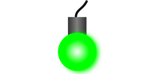 A single glowing green light bulb with a grey base and black wire, isolated on a white background.