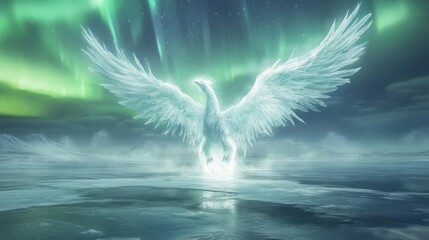 Ethereal Phoenix Rising: Mystical Bird with Aurora Borealis Scenery Concept