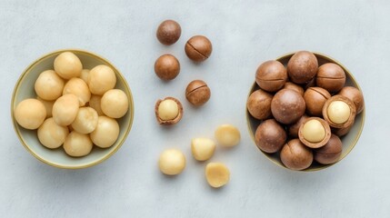 Isolated macadamia nuts whole and shelled on white background top view. Generative AI