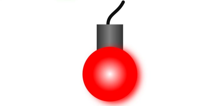 A single glowing red light bulb with a grey base and black wire isolated on a plain white background.