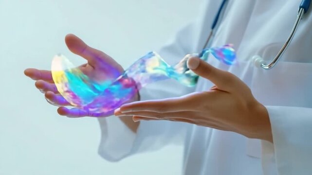 A captivating scene of a healthcare professional manipulating vibrant light. This footage highlights innovation and the future of medicine. Ideal for healthcare and technology projects. Generative AI