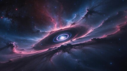 Vivid cosmic spiral galaxy with swirling clouds of deep blue and purple hues showcasing dynamic motion and glowing stars creating an expansive outer space environment - Powered by Adobe
