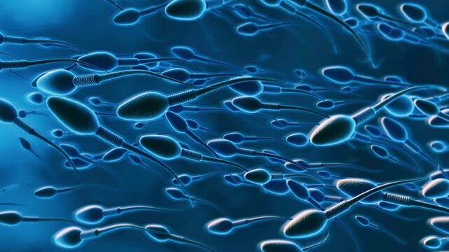 3D medical animation of countless blue sperm cells swimming actively together representing male fertility and human reproduction biology for science backgrounds - Powered by Adobe