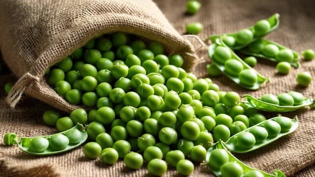 Fresh green peas spilling from a burlap sack onto a textured surface showcasing bright green colors natural light and dynamic arrangements of pods and peas throughout the scene.