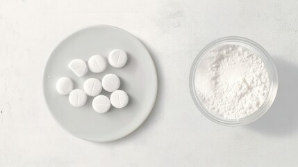 White tablets and powder on white background isolated. Generative AI