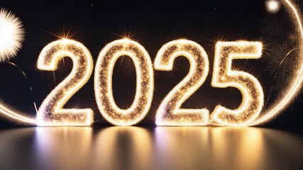 Glittering 2025 numerals illuminated with sparkling light effects surrounded by flying fireworks against a dark background showcasing a festive atmosphere and celebratory theme