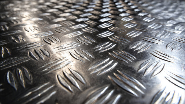 A detailed close-up of a shiny, metallic anti-slip diamond plate texture, featuring raised ridges and a repetitive industrial pattern. The surface reflects light, creating a dynamic visual.