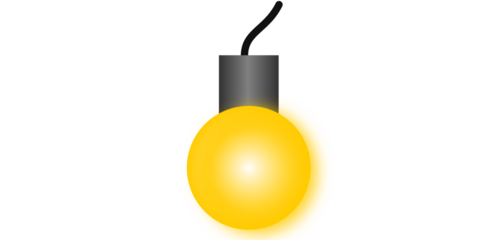 A simple graphic illustration of a single, glowing yellow light bulb hanging from a cord, symbolizing an idea or electricity.