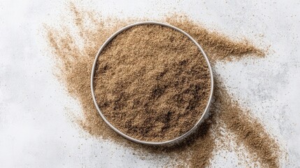 Ground oilseed meal in a bowl on white background isolated. Generative AI
