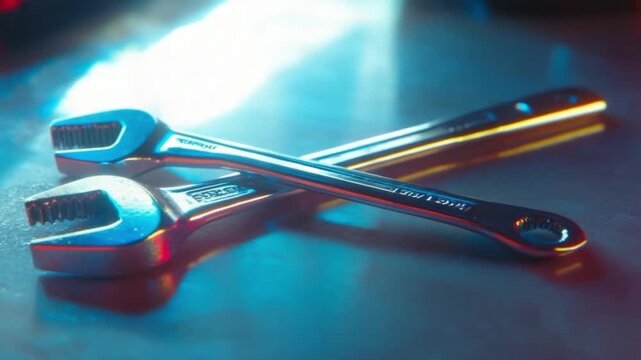 This footage features sleek adjustable wrenches on a work surface. Ideal for mechanic use or DIY enthusiasts. A perfect visual representation of craftsmanship and tools. Generative AI