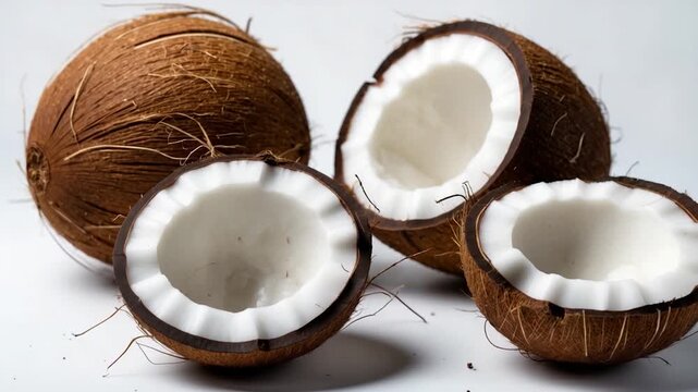 Close-up of coconuts with brown hairy shells and white flesh on a clean light background showcasing whole and halved coconuts highlighting their textured surface in soft natural light