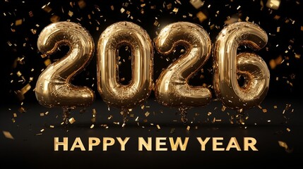 A 3D-rendered golden balloon-style number 2026 floating against a dark background, surrounded by gold confetti and sparkles. Below the numbers, the phrase happy new year appears in gold capital letter