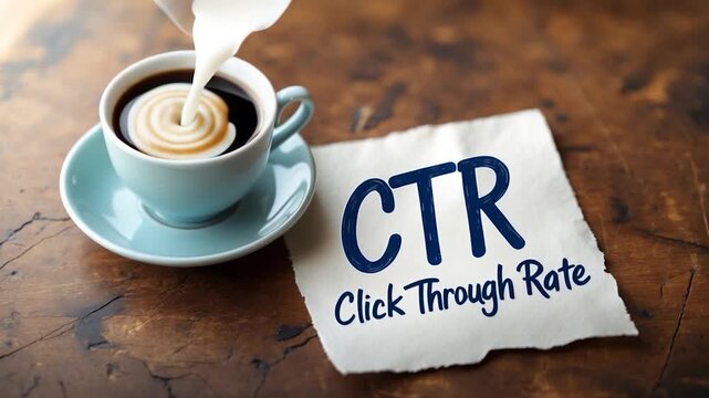 Close-up of a steaming cup of coffee with milk being poured into it creating a swirl pattern set on a wooden table with a textured napkin highlighting the concept of Click Through Rate in a cozy