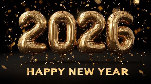 A 3D-rendered golden balloon-style number 2026 floating against a dark background, surrounded by gold confetti and sparkles. Below the numbers, the phrase happy new year appears in gold capital letter