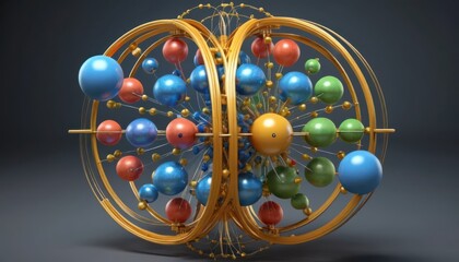 Complex sphere arrangement of metal and colorful spheres orbiting a core element