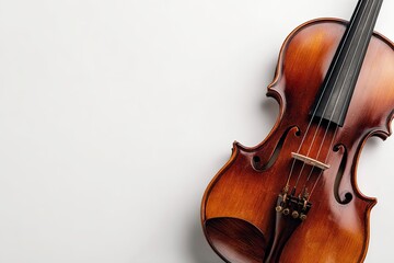 A close-up view of a varnished wooden violin with strings resting on a white surface