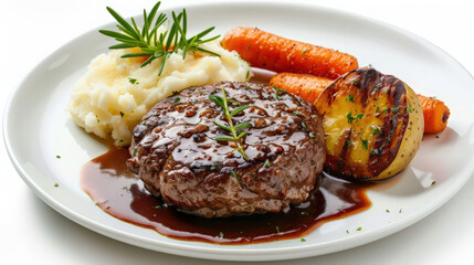 hamburg steak with mashed potatoes and grilled carrots on white plate