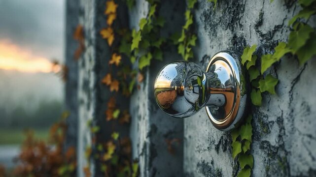 Close-up of a polished metal door knob attached to a textured concrete wall surrounded by green ivy leaves and warm golden light during sunset showcasing reflections and natural elements in the