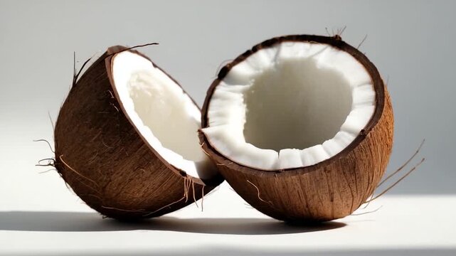 Coconuts split in half showcasing fresh white flesh against a soft background with natural lighting emphasizing the texture and color of the brown shell and white interior