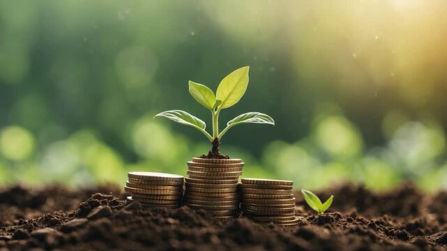 Close-up of green sprout growing from a stack of gold coins in rich dark soil with blurred background soft natural light highlighting the vibrant leaves and surrounding plants