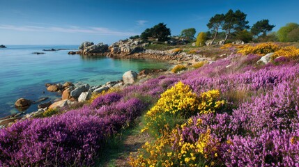 Scenic background with blooming heather and gorse at Emerald coast of Brittany France.