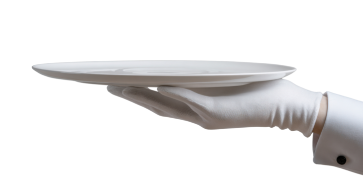 Elegant Service: A gloved hand gracefully presents a pristine, empty plate, set against a clean backdrop, creating a sense of anticipation and sophisticated service. - Powered by Adobe