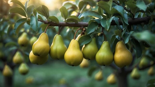 Close-up of ripe yellow pears hanging on a tree branch in an orchard during golden hour with soft natural light illuminating the leaves and fruit in a lush green setting