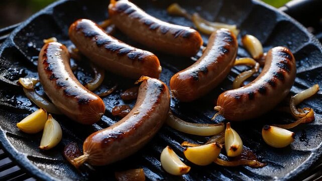 Grilled sausages cooking on a black grill pan with golden onions and garlic highlighting the shiny caramelized textures and warm brown colors under soft natural light.