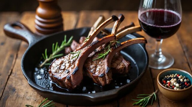 Close-up of beautifully grilled rack of lamb chops arranged on a cast iron skillet garnished with fresh rosemary coarse salt and accompanied by red wine and colorful peppercorns on a rustic wooden