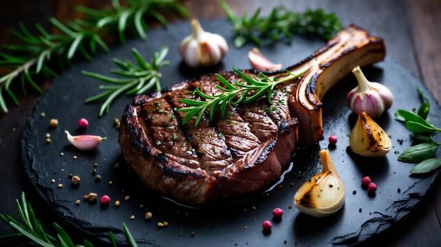 Luxury grilled ribeye steak garnished with fresh rosemary and garlic on a rustic slate platter showcasing rich textures and colors in natural soft lighting viewed from a dynamic angle