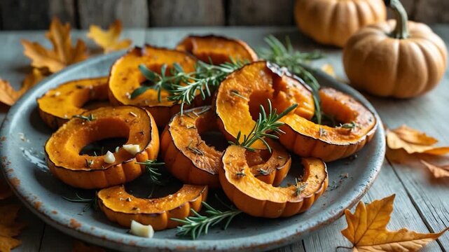 Close-up of roasted acorn squash slices arranged on a rustic ceramic plate garnished with fresh rosemary surrounded by autumn leaves and small pumpkins on a wooden table