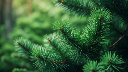 Close-up of evergreen pine branches with vibrant green needles showcasing intricate textures and a soft blurred background captured in natural light throughout the video sequence - Powered by Adobe